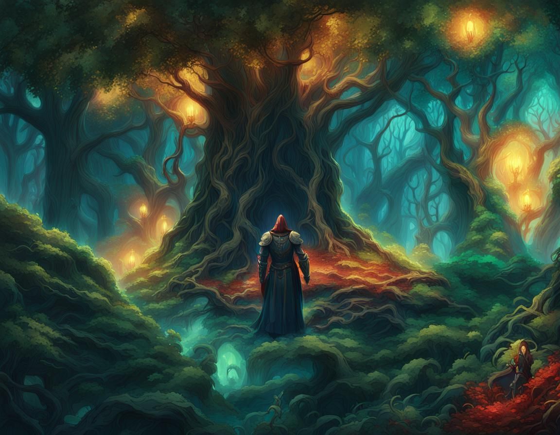 Armored Figure in Mystical Forest, Fantasy Art