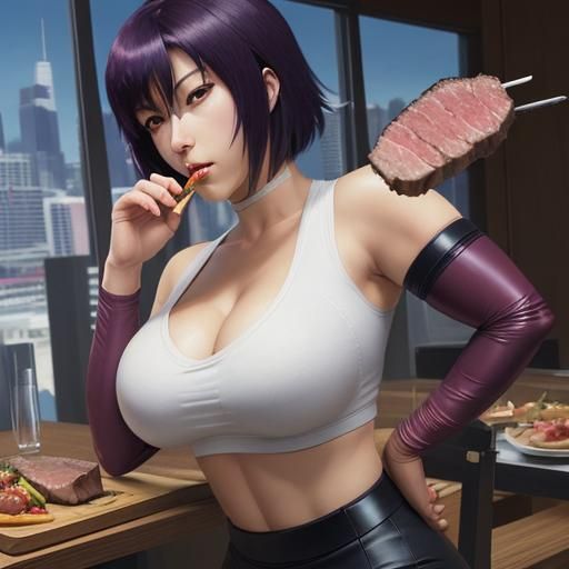 Motoko Kusanagi Eating Steak in Anime Style