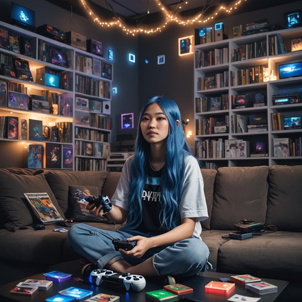 Female Gamer with Blue Hair Plays PlayStation