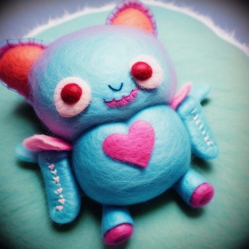 Adorable Felt Monster Holding Heart in Pastel Colors