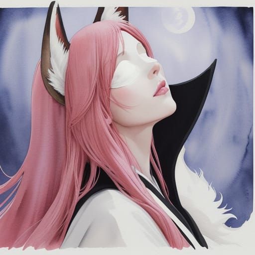 Pink-Haired Fox-Woman in Crimson Hellscape, Manga Watercolor