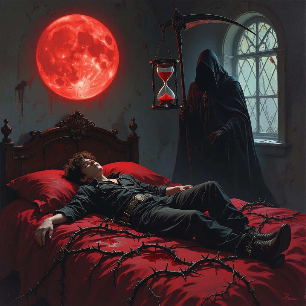 Dark Fantasy Boy on Crimson Bed with Thorn Vines