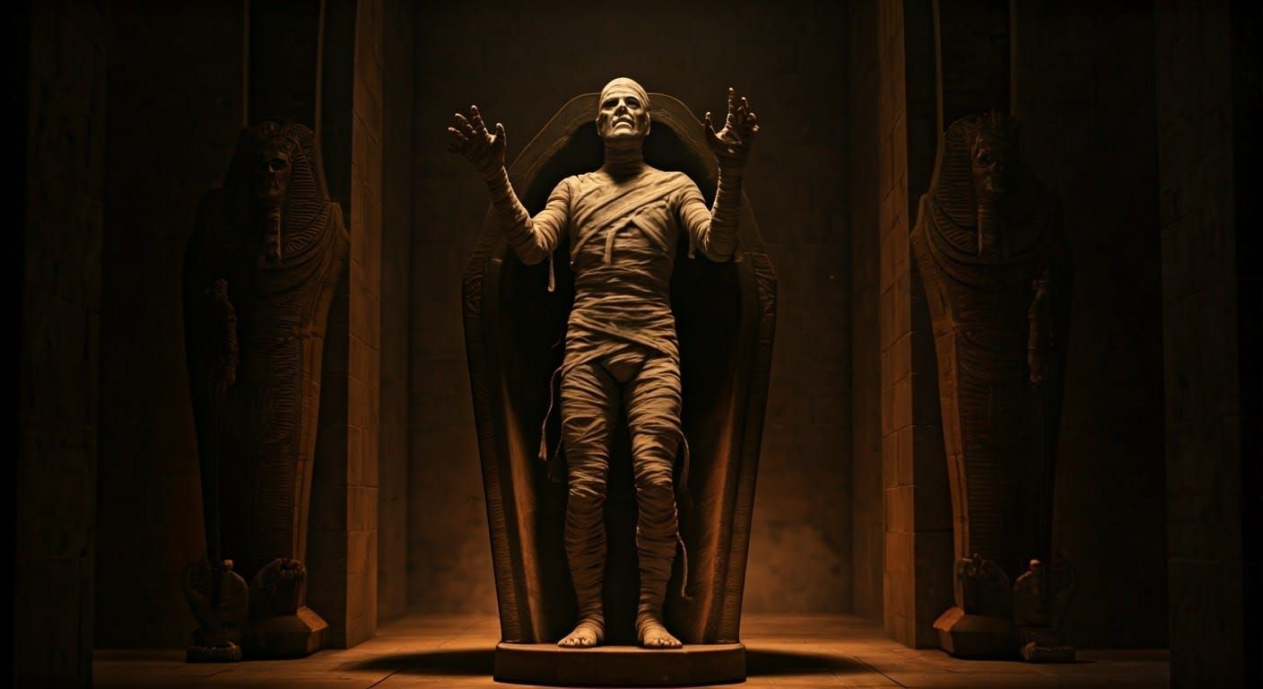 The Mummy in his sarcophagus raising his arms walking forwar...