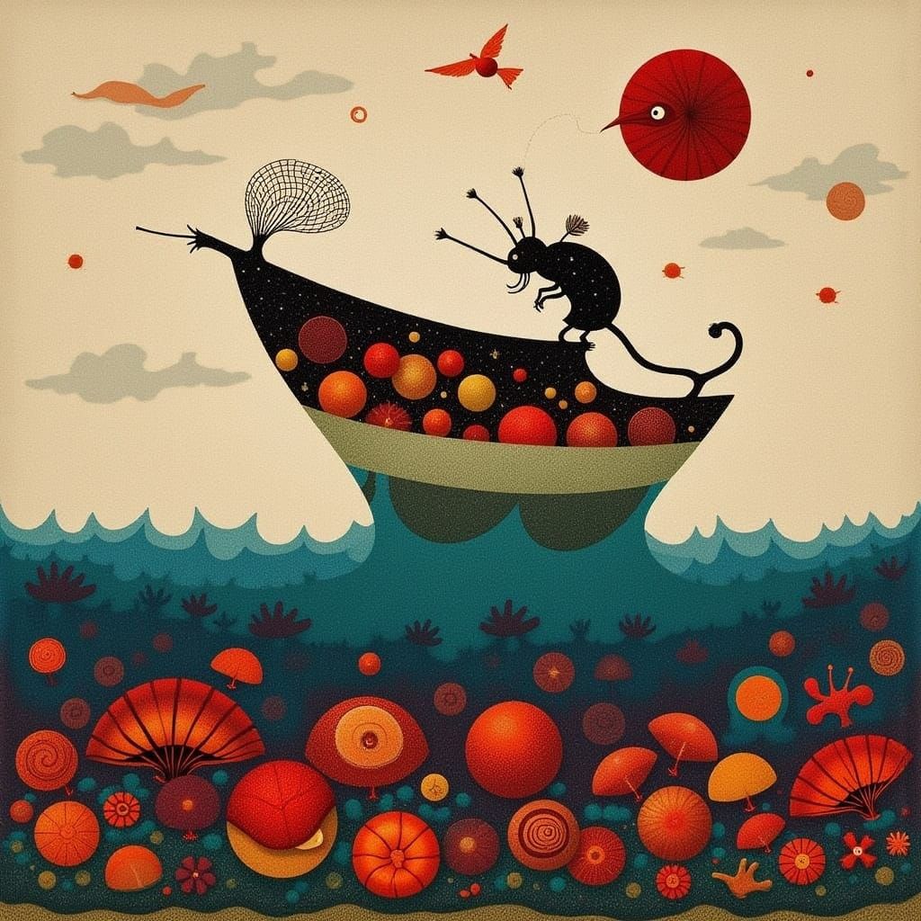 Surreal Fisherman's Collage Art on Abstract Sea