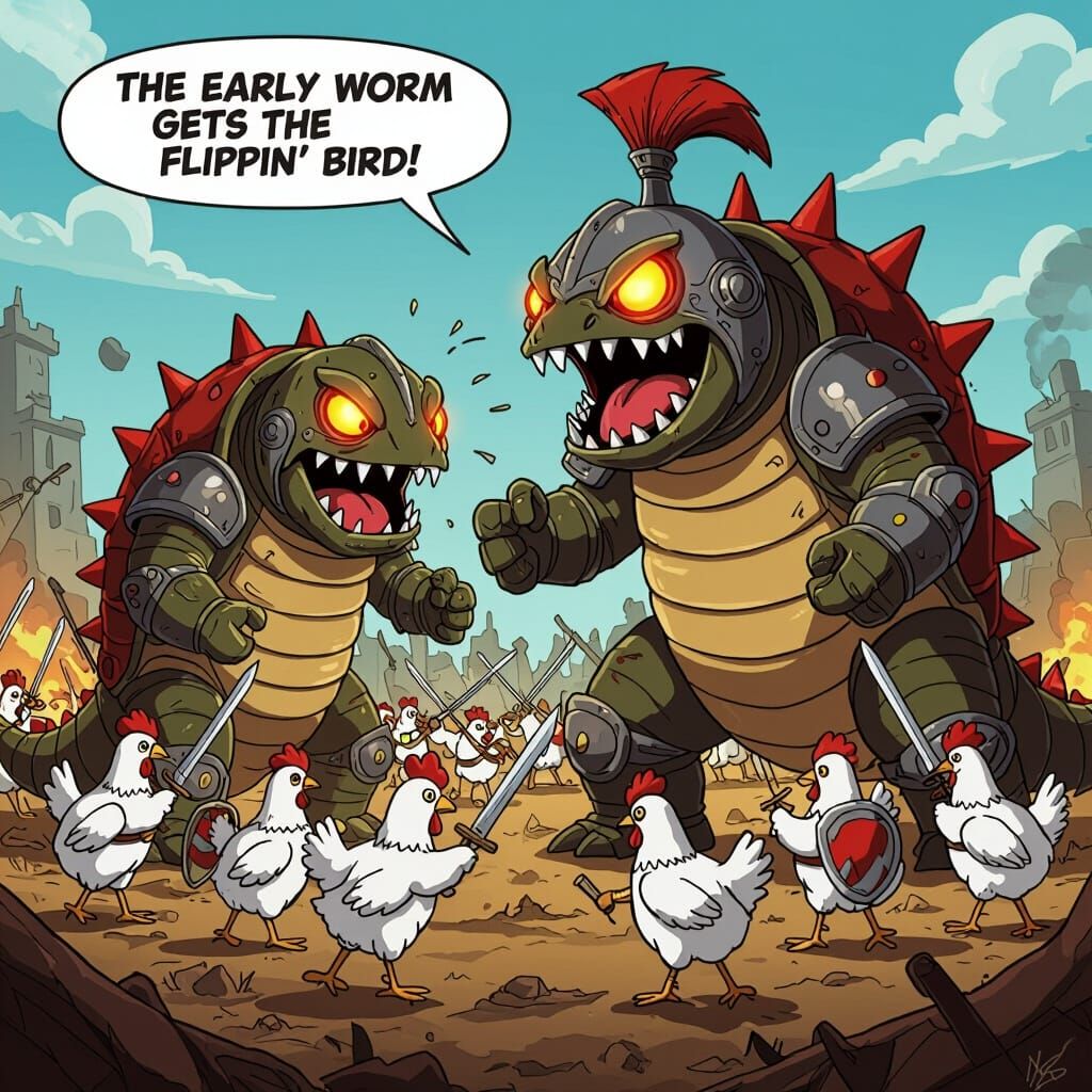 Armored Worms Battle Plucked Chickens in 80s Cartoon Style