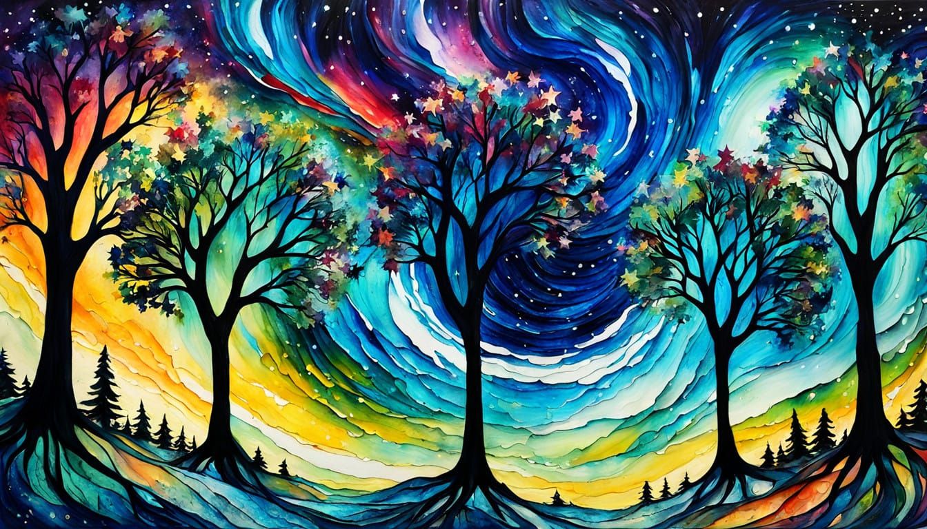 Vibrant Stars Dancing with Trees in a Whimsical Impasto Casc...