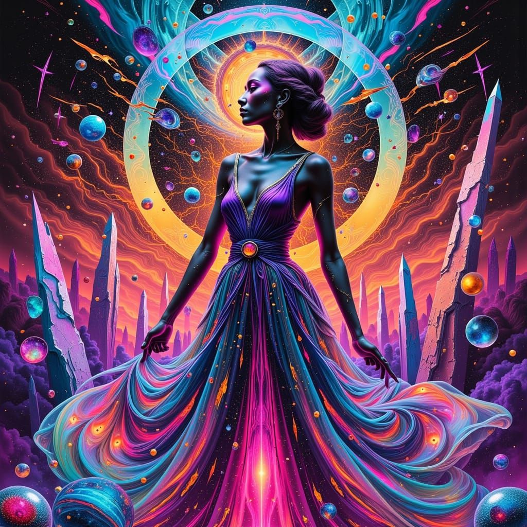 Dreamlike Woman in Surreal Landscape with Abstract Patterns