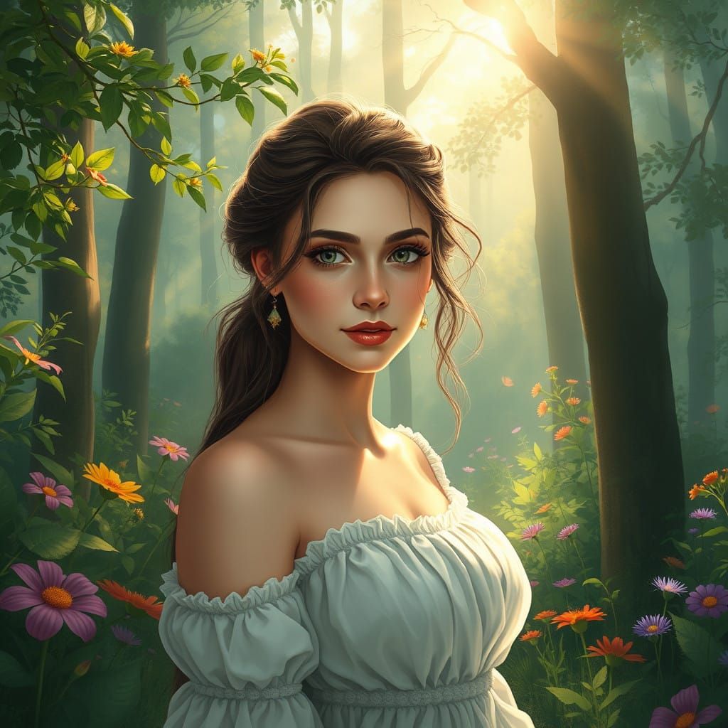 Dreamy Forest Goddess in Whimsical Watercolor Style