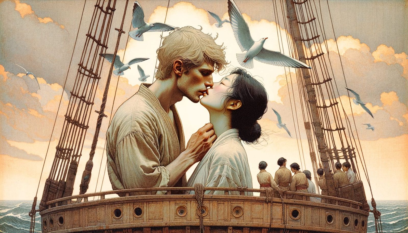 Romantic Kiss on Dhow Deck in Rackham Style