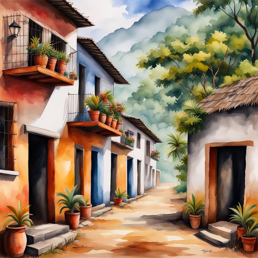 Colombian Village in Watercolor Art