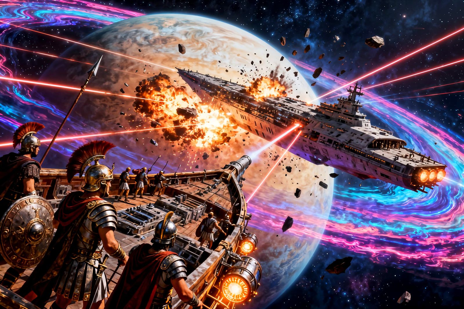 Space Pirate Ship vs Roman Cruiser in Epic Battle