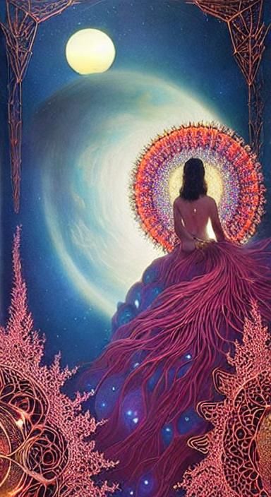 Celestial Woman in Surreal Sun and Moon Star