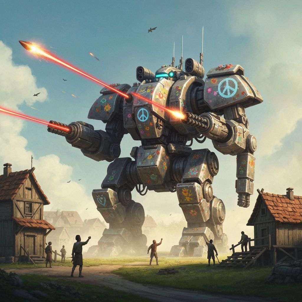 Robot War Machine Protects Village in Matte Painting Style