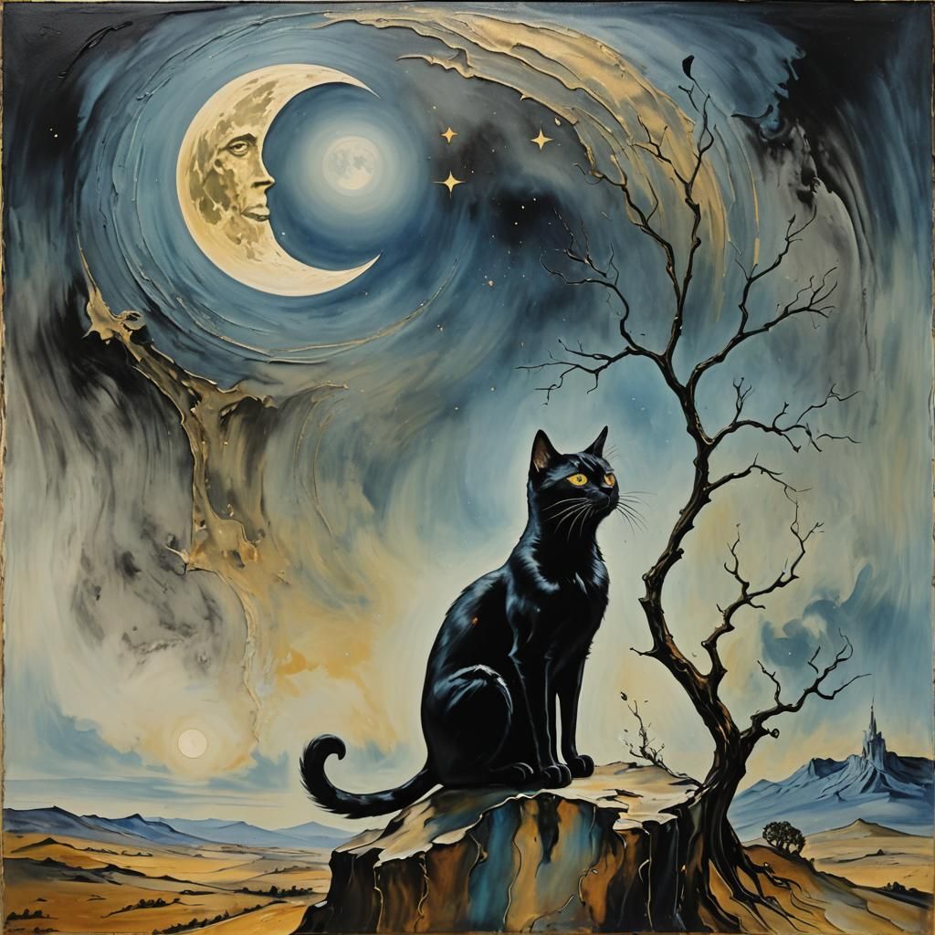 Black Cat Moon Gaze: Encaustic Surrealism