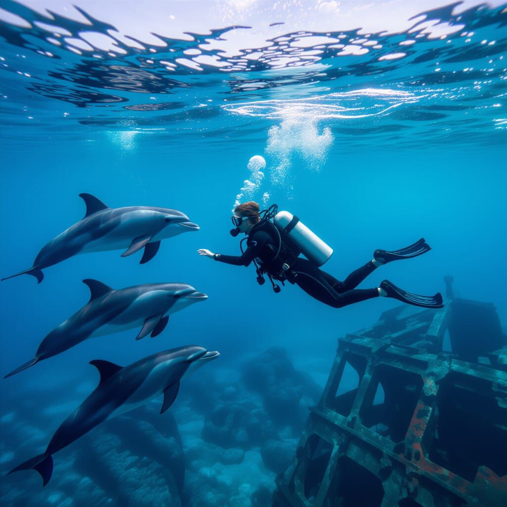 Scuba Diver and Dolphins in Synthwave Ocean