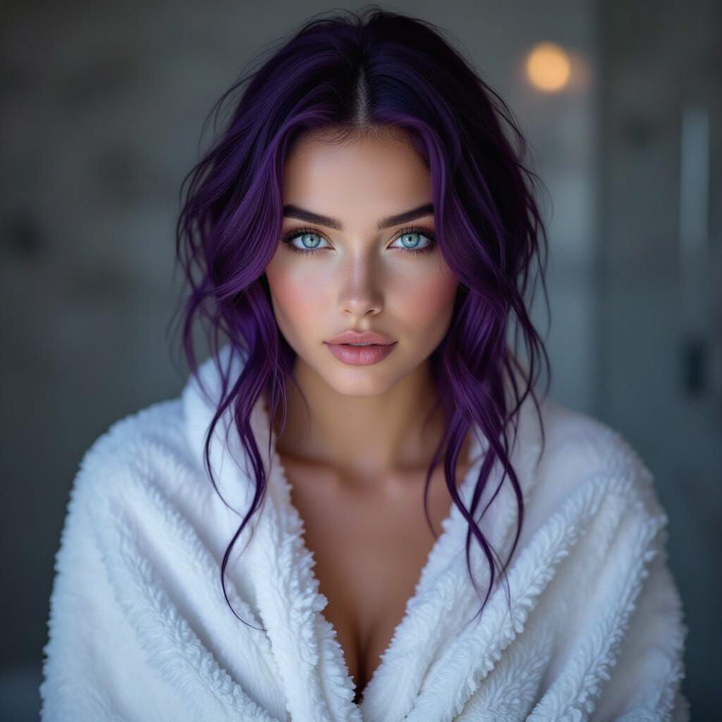 Realistic Photo of Purple-Haired Woman Post-Shower