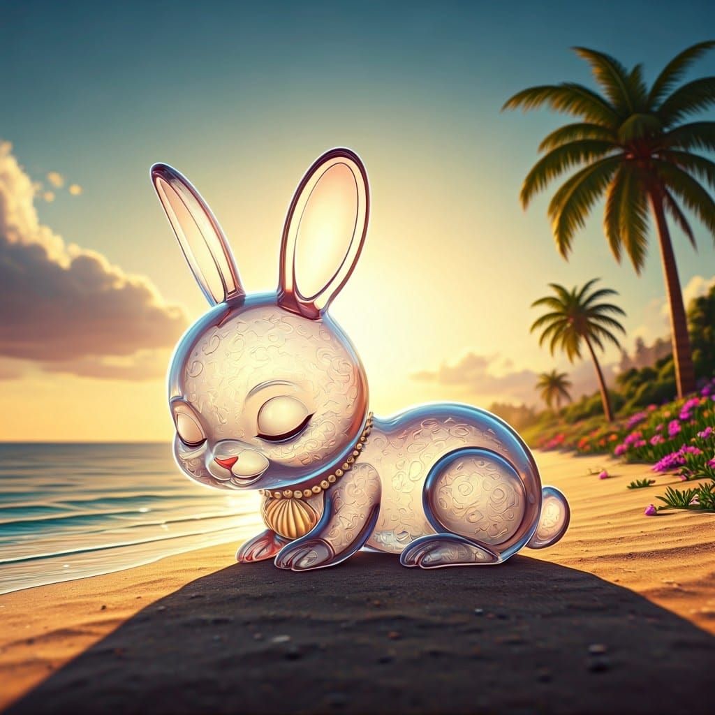 Glass Rabbit Sleeps on Beach: 3D Animation