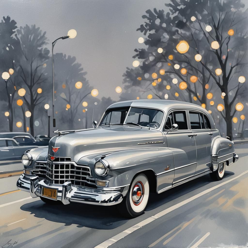 Silver 1945 Cadillac Limousine Gouache Painting