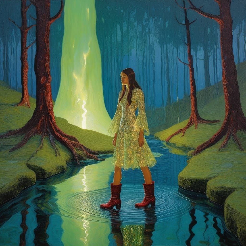 (Impasto Cascade Hallucination:0.9), (beautiful sorceress illuminated:1.3), (Peter Doig:0.8), (big boots:1.0)