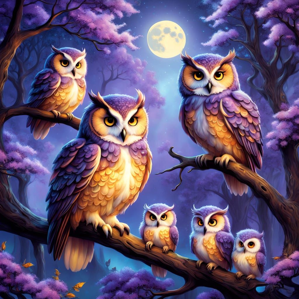 Enchanted Owl Family Under Golden Moonlight