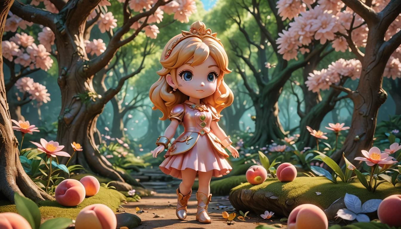 Chibi Peach Girl in Magical Forest: 3D Render