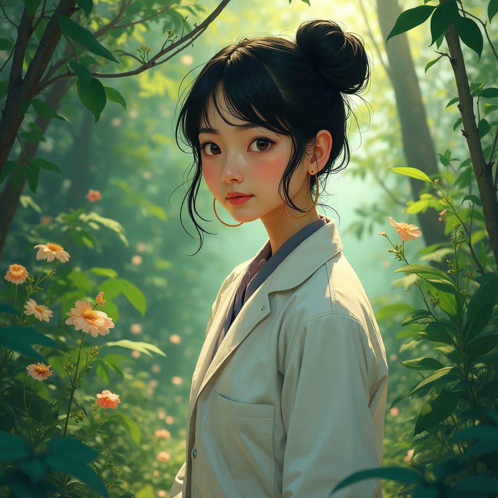 Young Scientist in Forest, Dreamy Art Style
