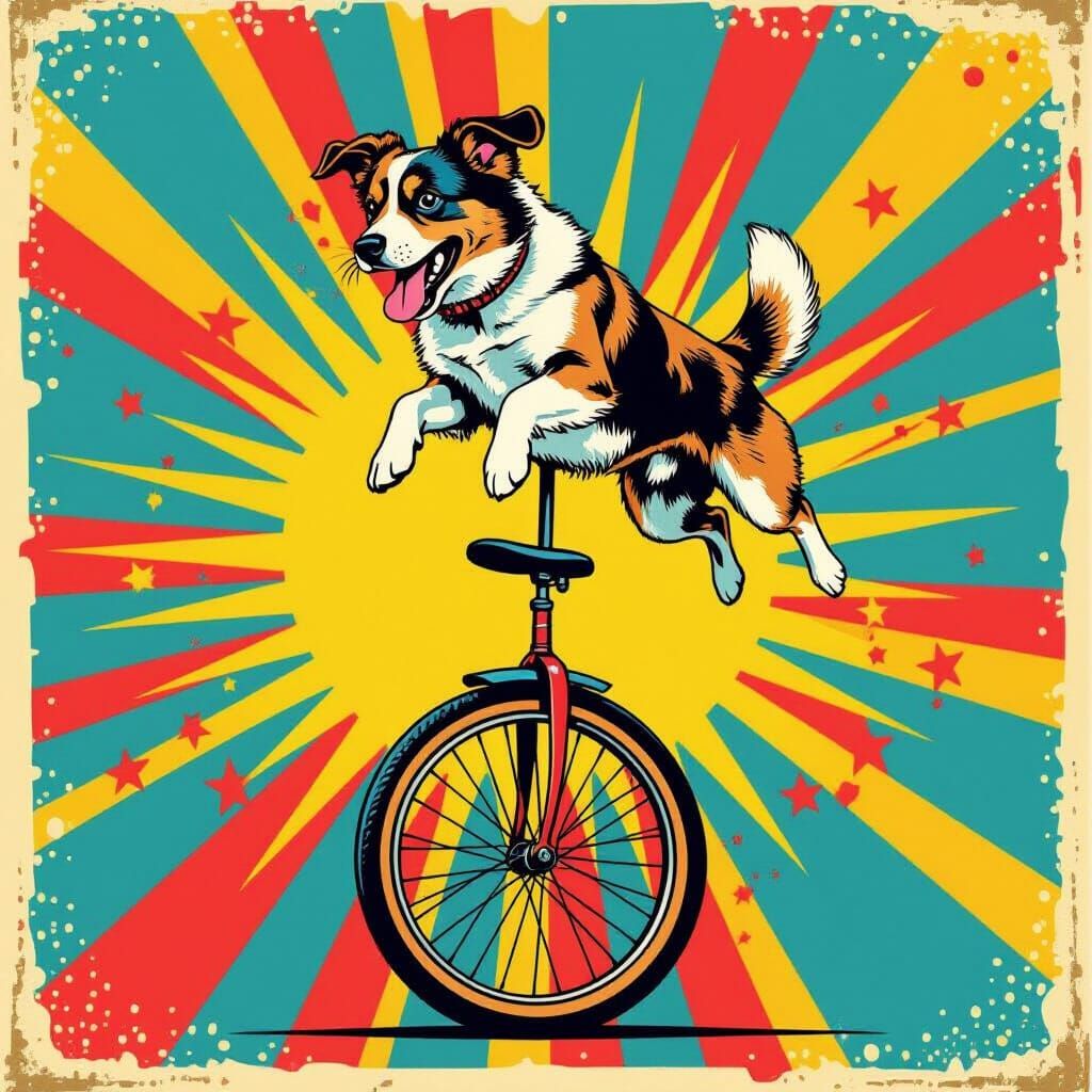 Pop art. A dog performing a complex acrobatic maneuver on a ...
