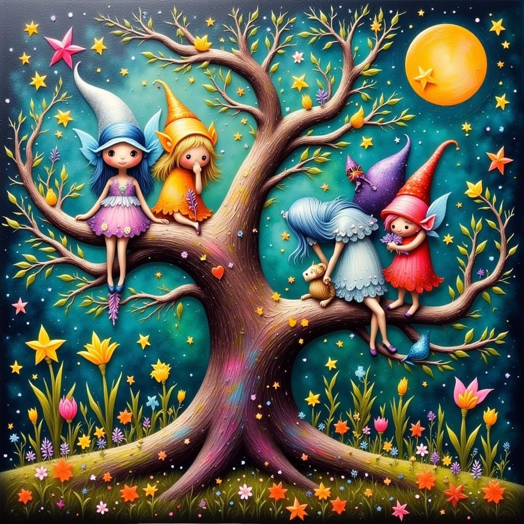 Whimsical Spirits Gather on a Tree Trunk in Neo-Impressionis...