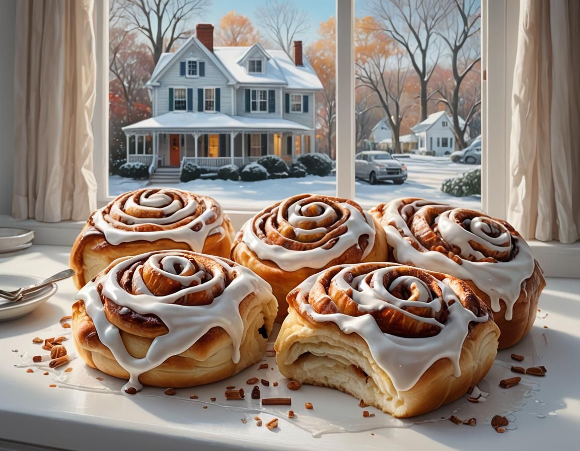 Hyperrealistic Cinnamon Rolls in Winter Scene