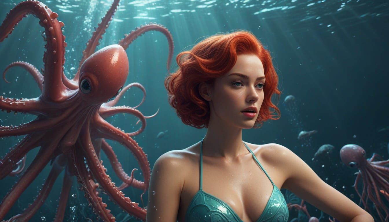 Redhead Attacked by Giant Squid in 1950s Sci-Fi Style