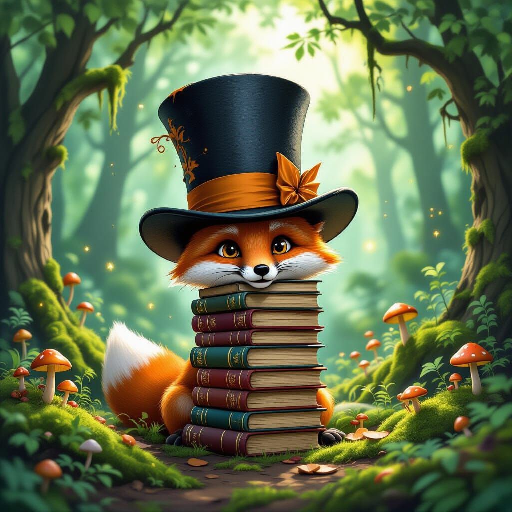 Fox Wears Book Top Hat in Enchanted Forest