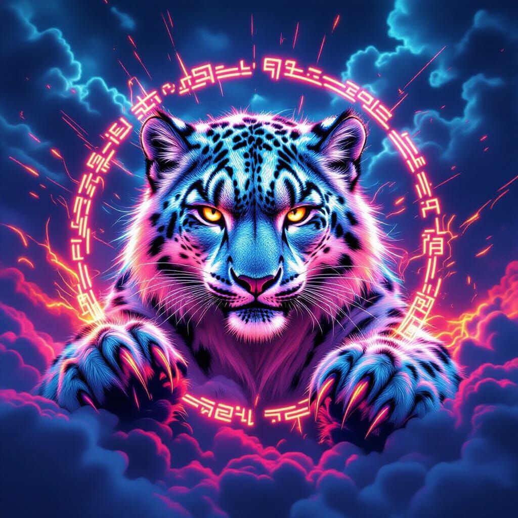 Neon Runes Surround Leaping Snow Leopard
