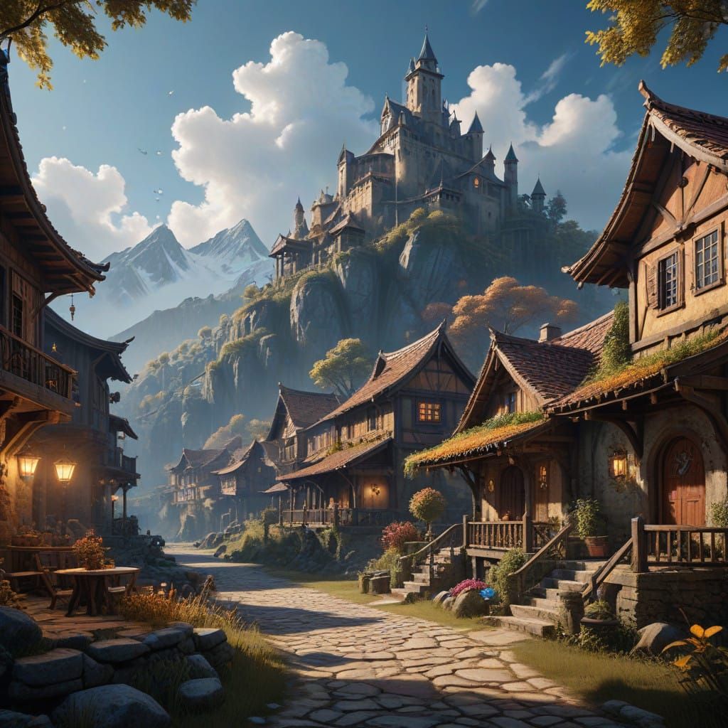 Epic Mountain Village Masterpiece in Oil Painting Style