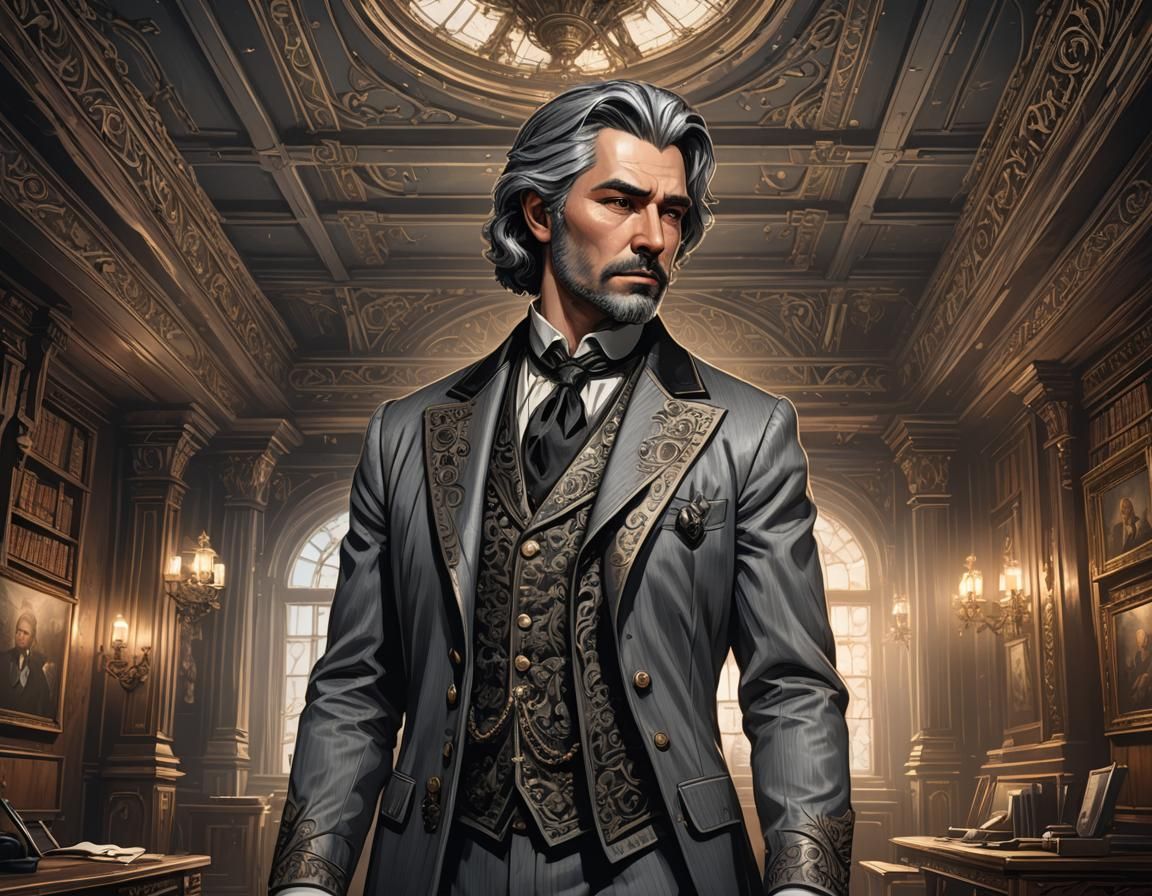 Victorian Man in Dark Fantasy Office, 3D Anime Art