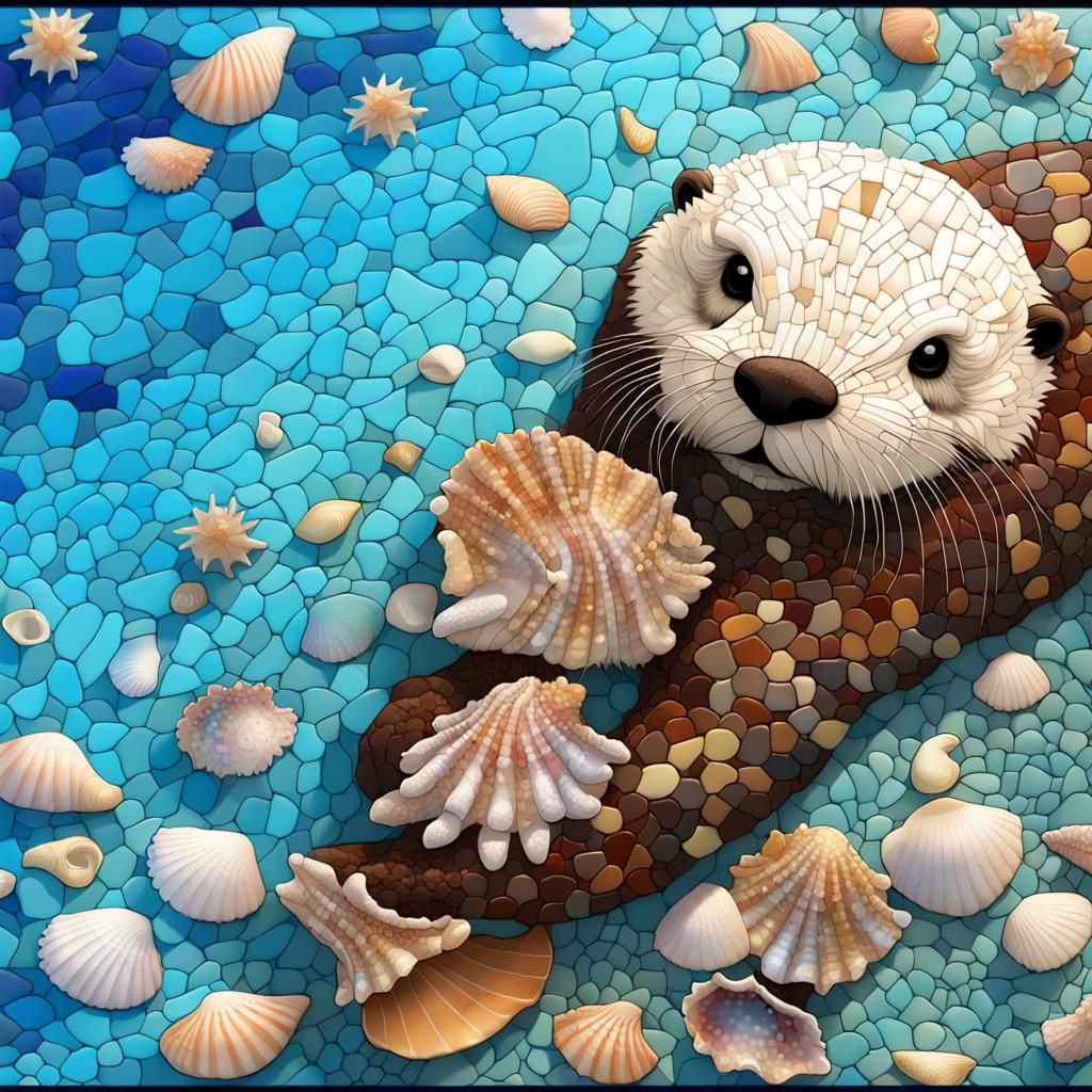 Mosaic Sea Otter Collecting Seashells in Ocean
