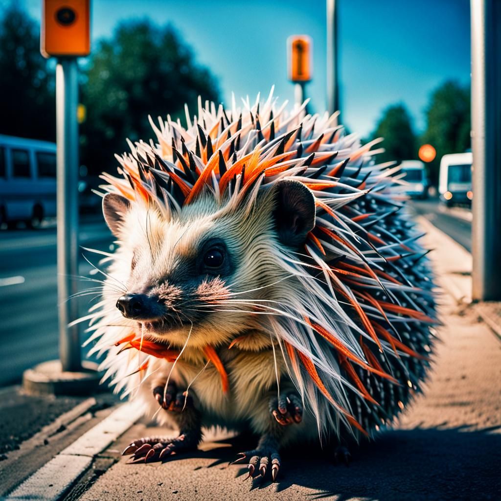 unrealistic, cute, huge, adorable, fluffy hedgehog, standing on all four legs at a bus stop on the street,
A fakir sits ...