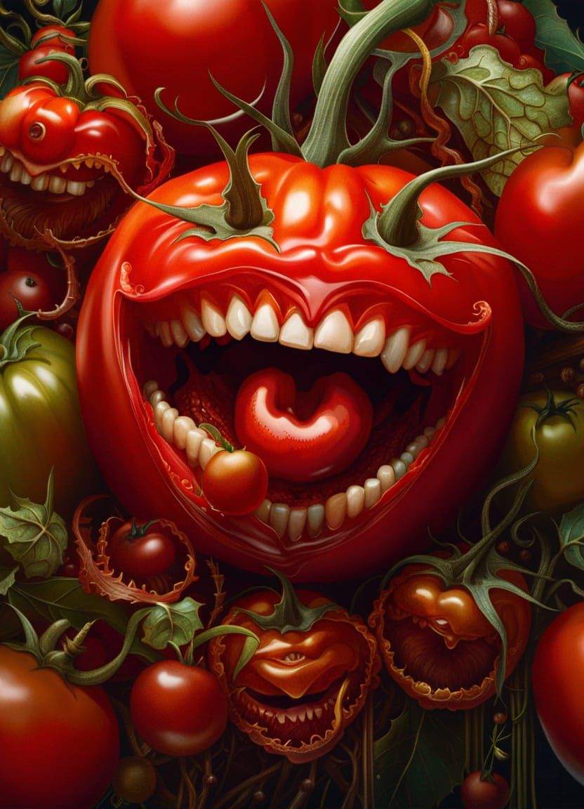 Happy Tomato with Teeth: Hyperrealistic Fantasycore Art