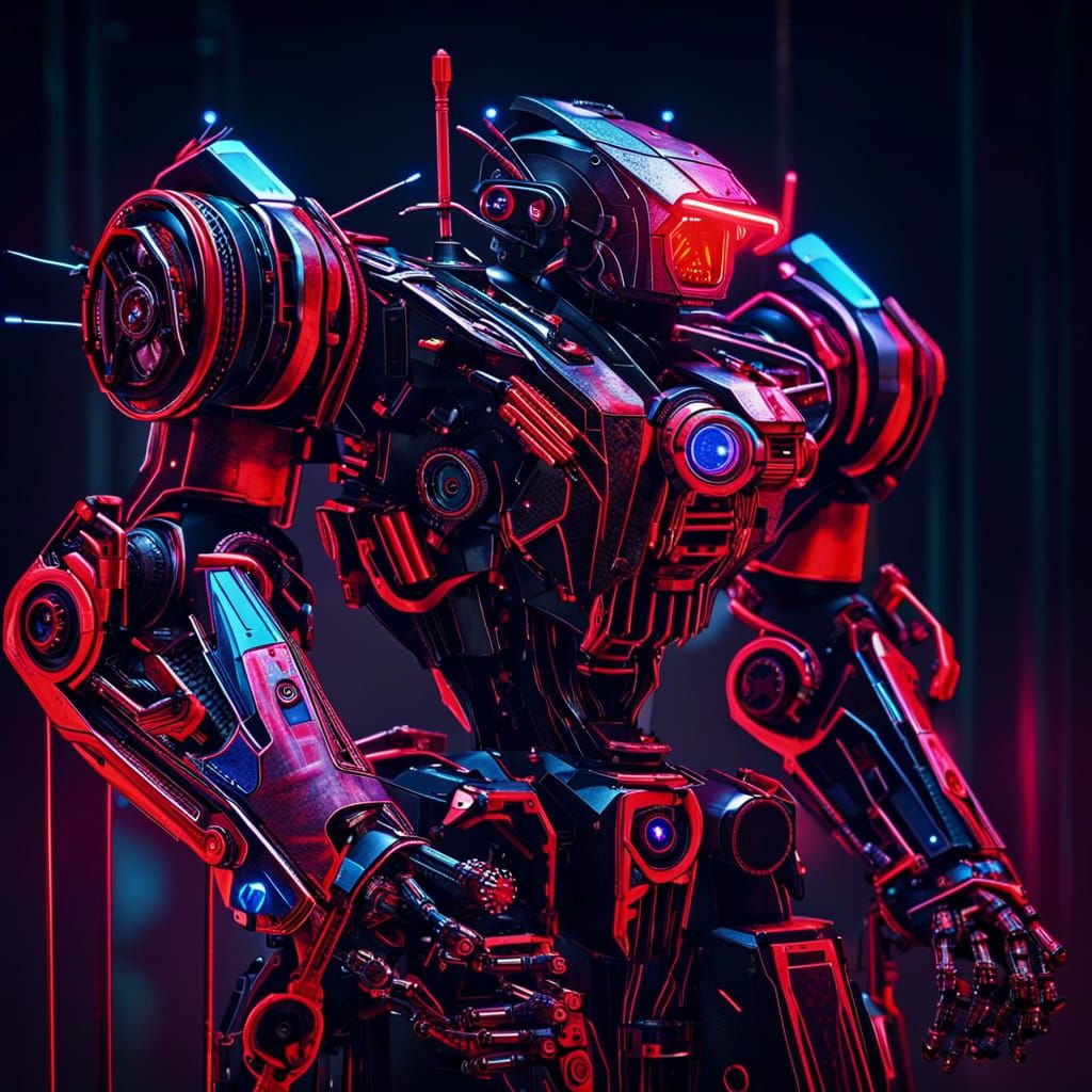 Cyberpunk Robot with Laser Cannons in Neon City