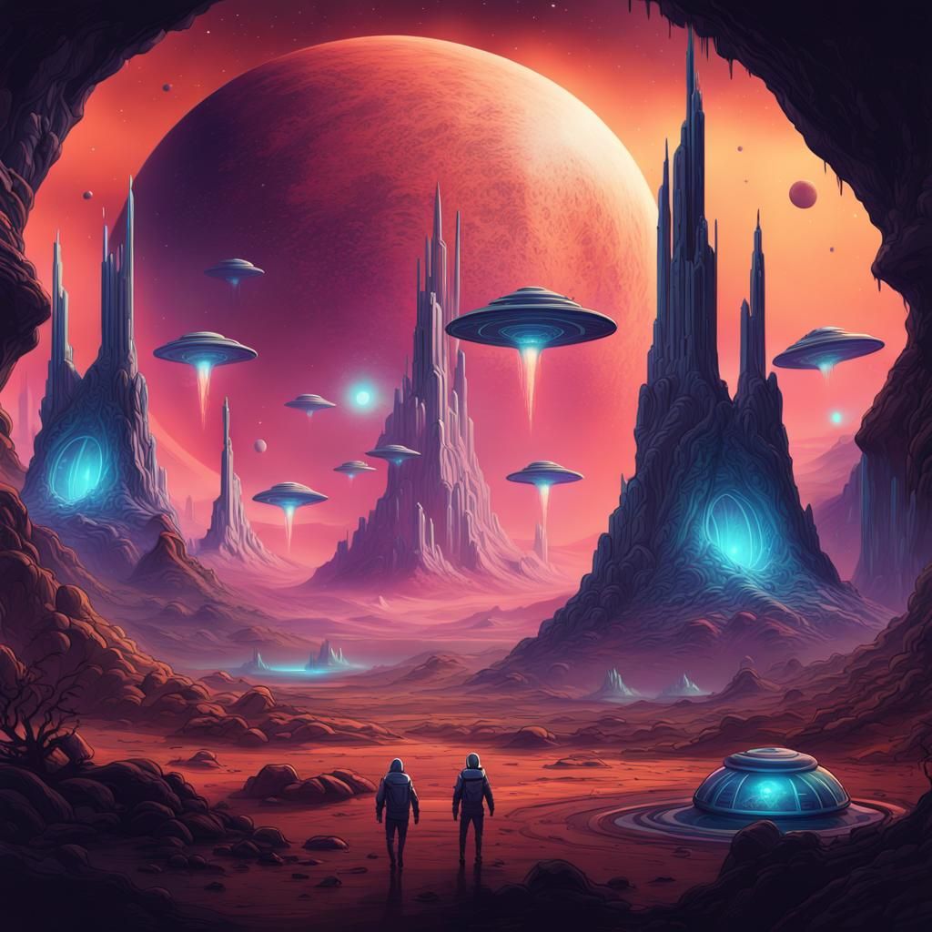 Retro Sci-Fi Cosmic Landscape with Alien Creatures