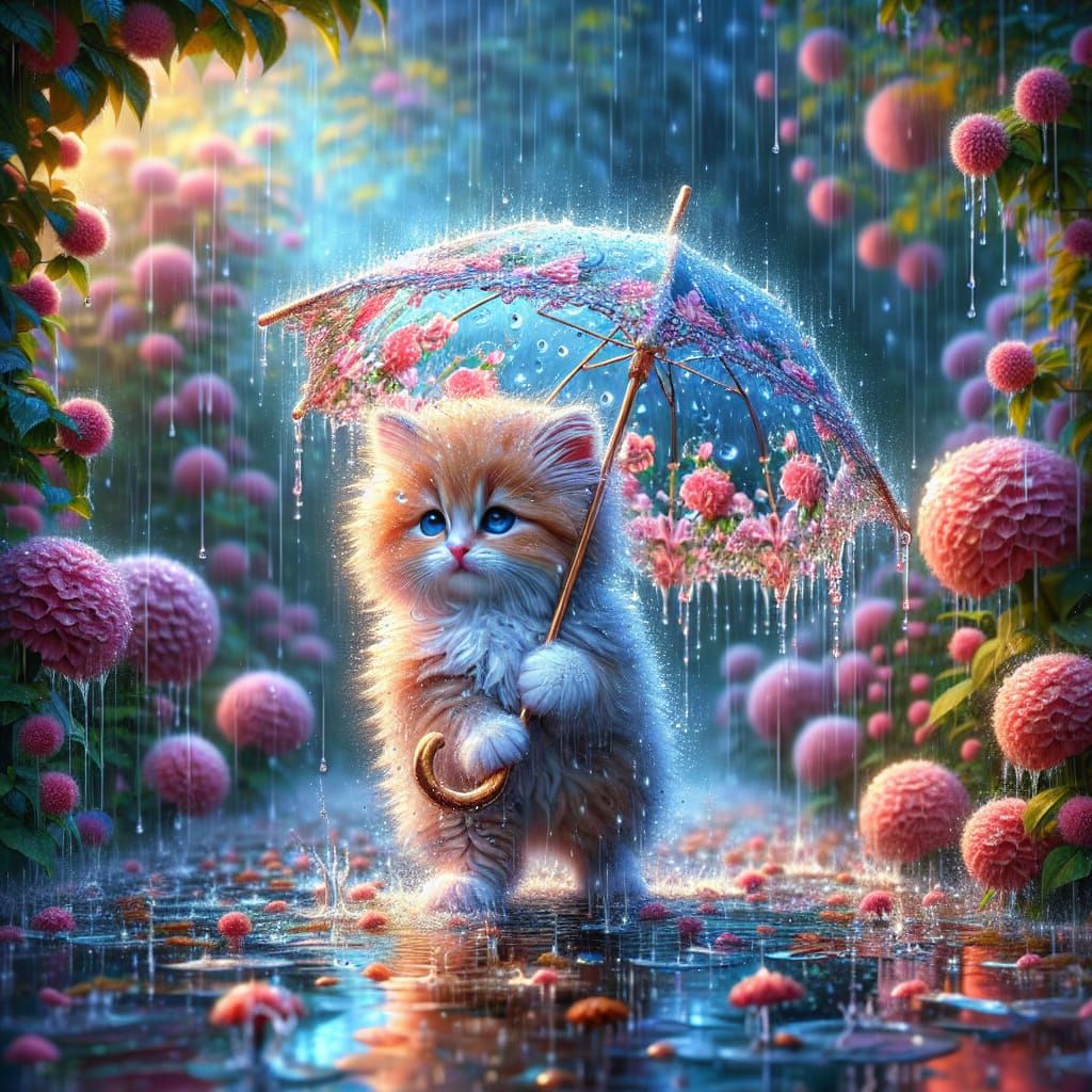 Surreal Kitten Umbrella Wields Garden Majesty