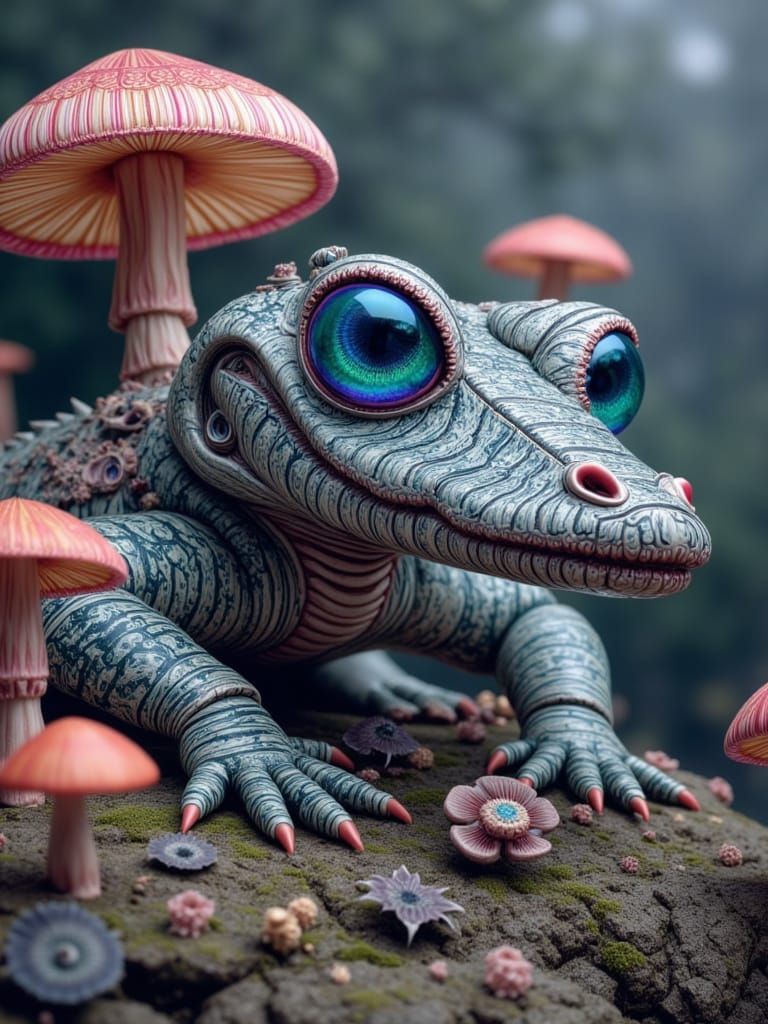 Surreal Biomechanical Landscape with Fractal Gators