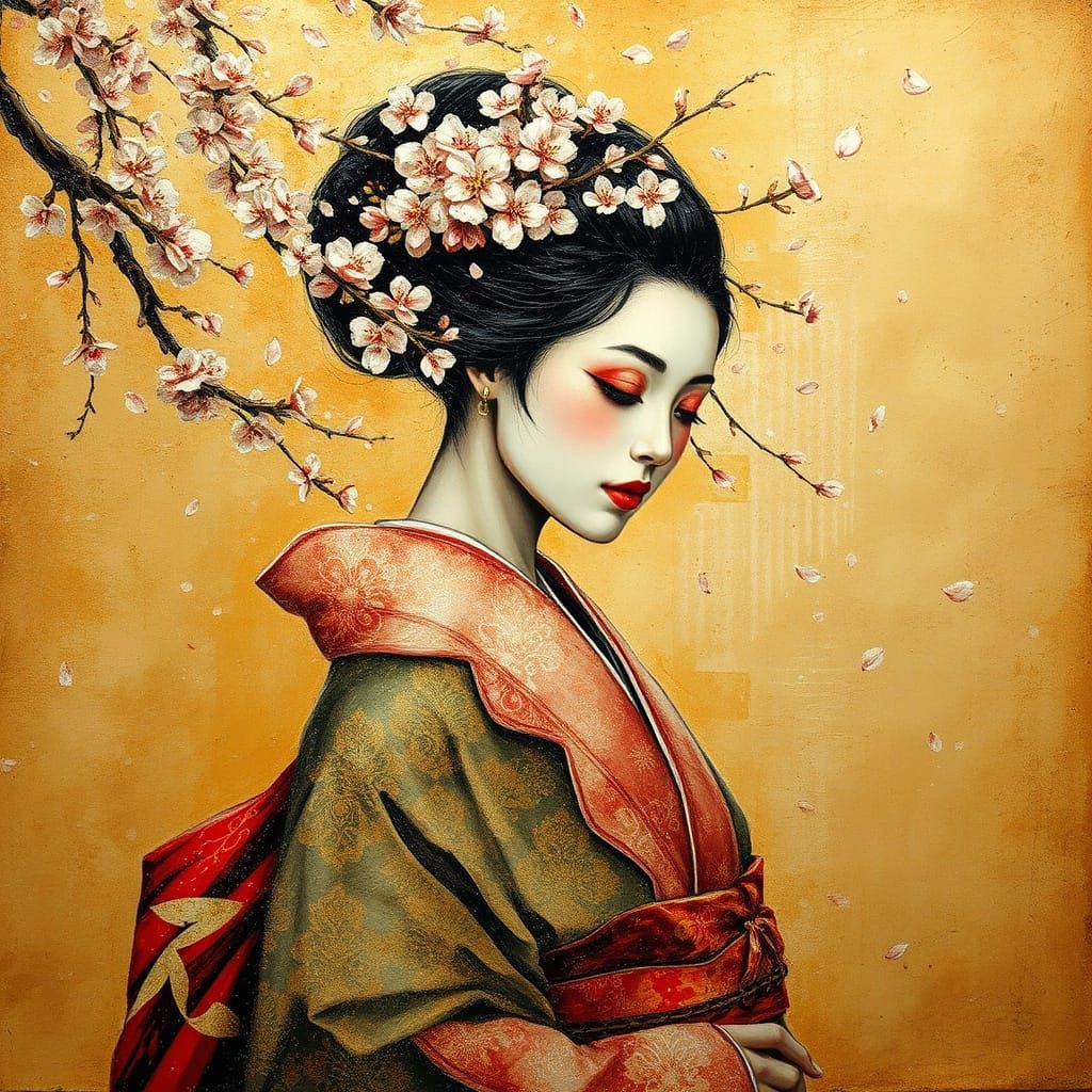 Encaustic Ink Painting of a Geisha with Cherry Blossoms