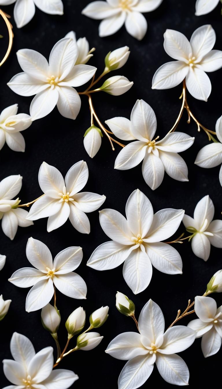 White jasmine flowers on a black background.