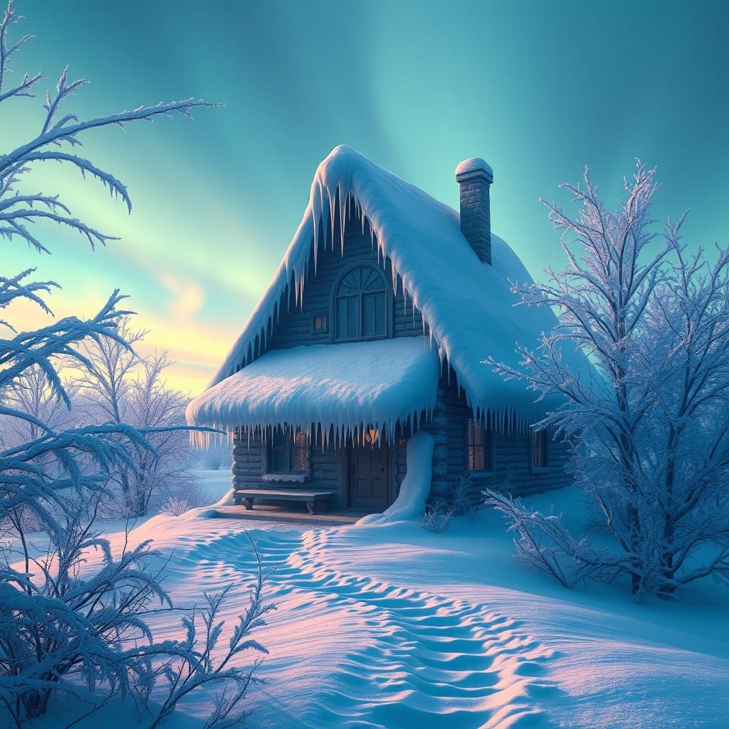 Snow-Shrouded Cottage in Vibrant Gradient Sky