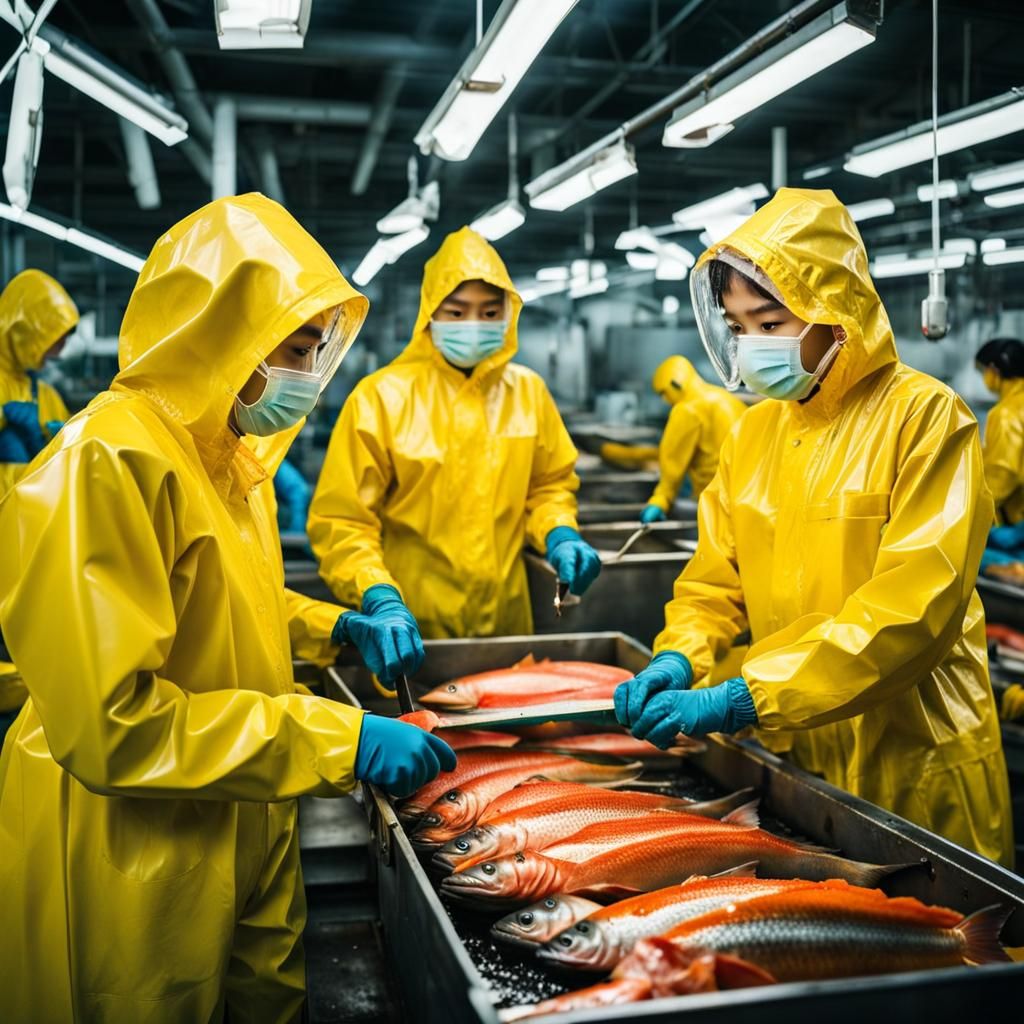 Fish Factory Workers in Yellow Rainsuits