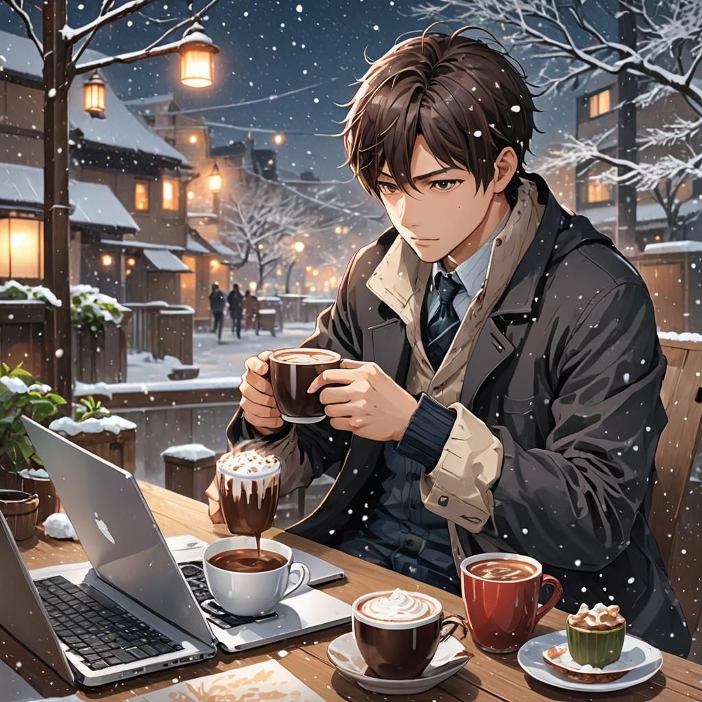 Man Working in Snow, Anime Style