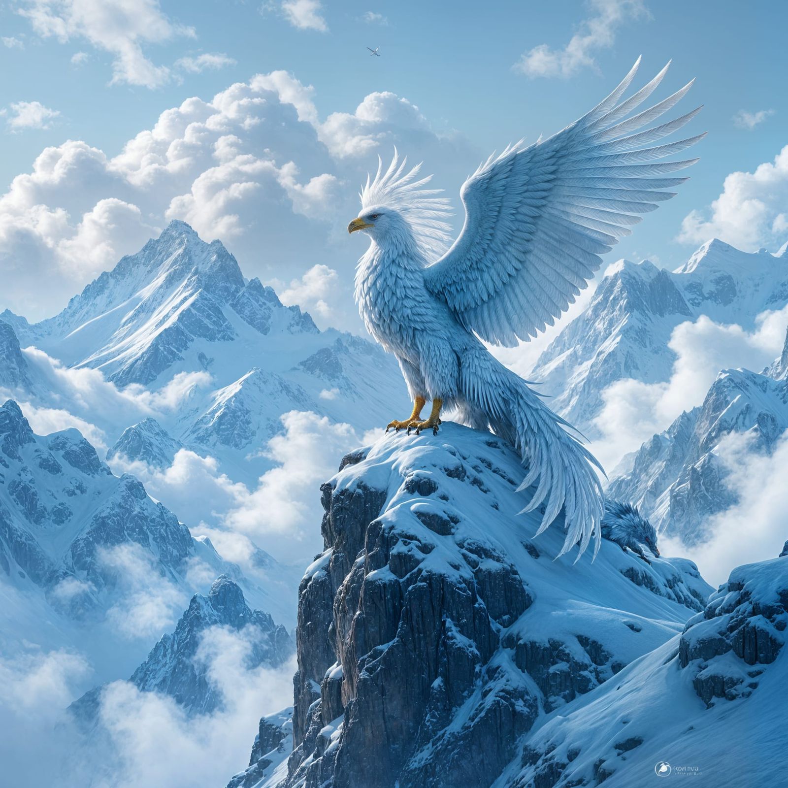 Majestic Griffin Perched Atop Snowy Mountain Peak
