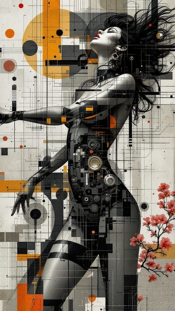 Industrial Vortex: Cherry Blossoms in Steel Harmony