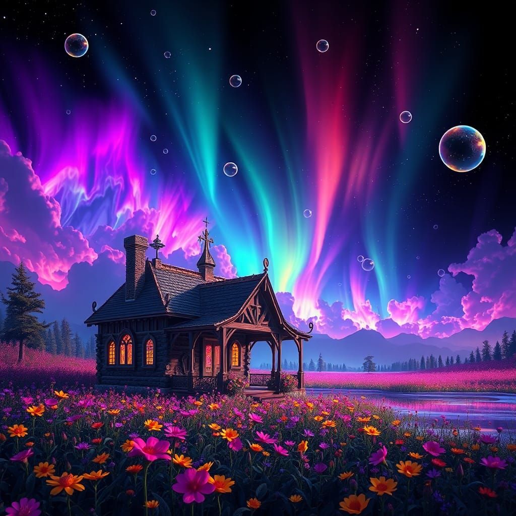 Vibrant Aurora Over Fantasy Cabin Landscape