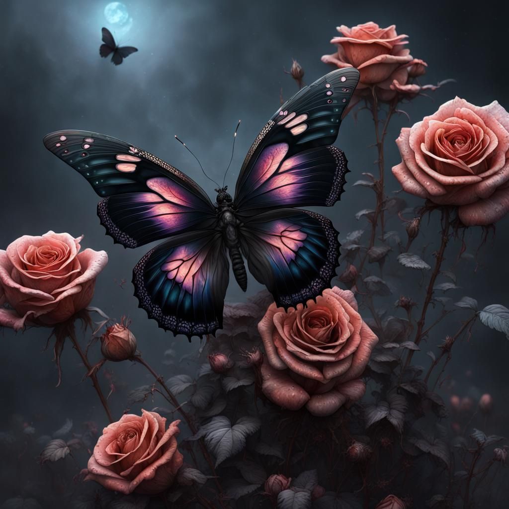 Zombie Butterfly on Vantablack Rose, Detailed Matte Painting